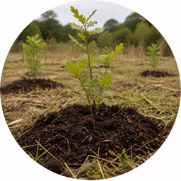 Young sapling growing from mature compost in woodland light