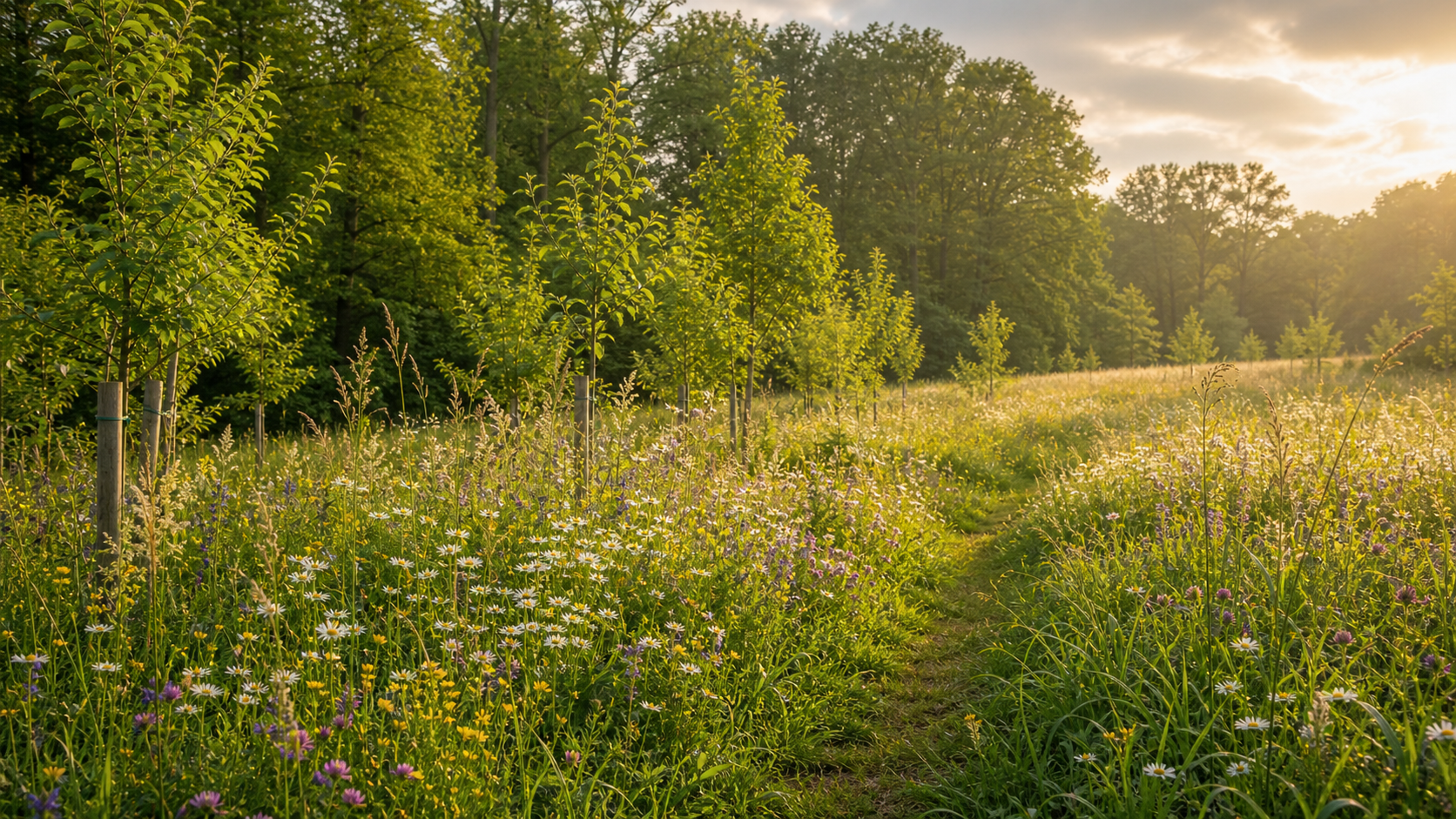 Regenerative woodland meadow representing soil return and habitat restoration