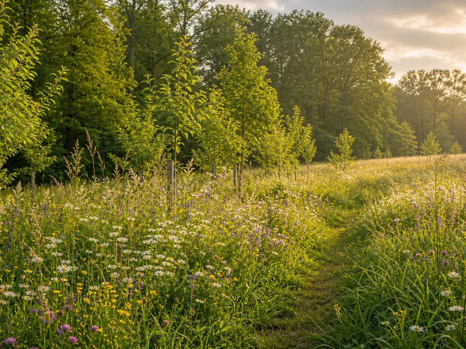 Regenerative woodland meadow with young trees and wild grasses
