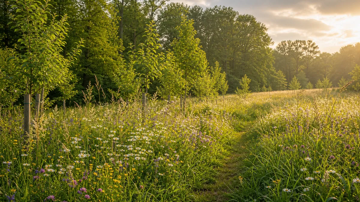 A regenerative meadow and woodland landscape in soft natural light