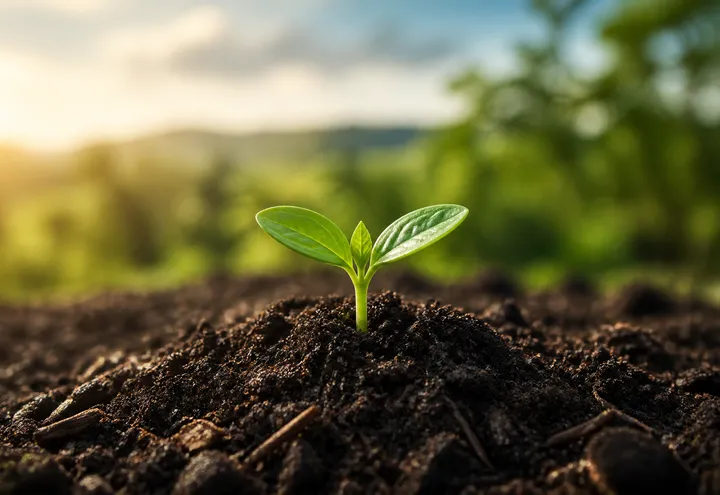 Green seedlings growing from rich fertile soil