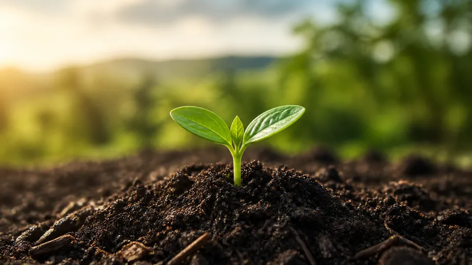Green seedlings growing from dark fertile soil