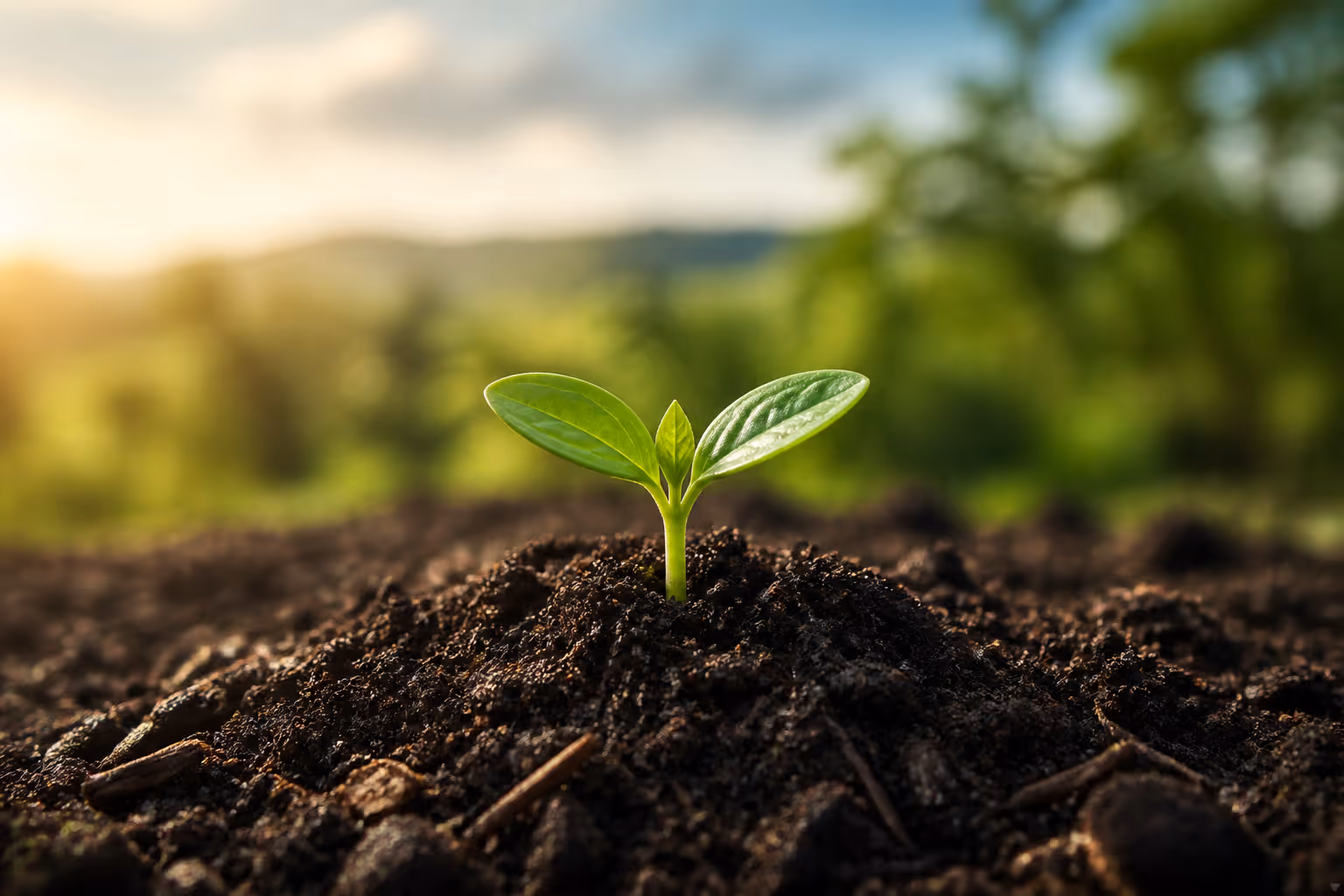 Green seedlings growing from dark fertile soil