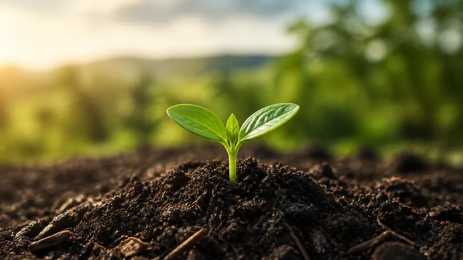 Green seedlings growing from dark fertile soil