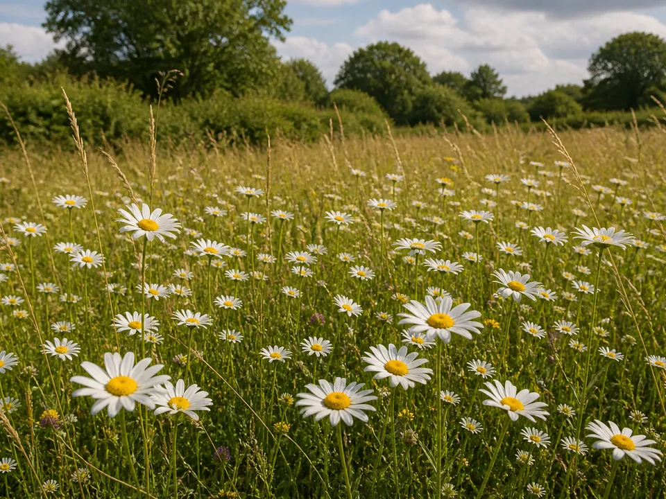 UK wildflower meadow filled with oxeye daisies, long grasses, hedgerow, and trees