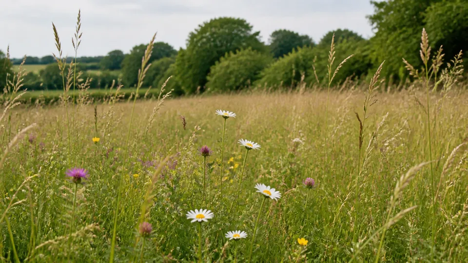 UK wild meadow with long grasses, scattered wildflowers, hedgerow, and trees