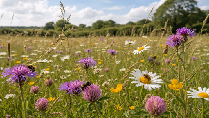 Oxeye daisies and wildflowers supporting bees in a UK meadow