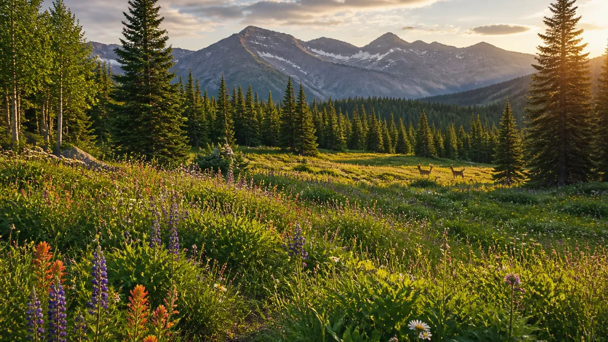USA mountain meadow with native wildflowers, conifers, and deer in golden light
