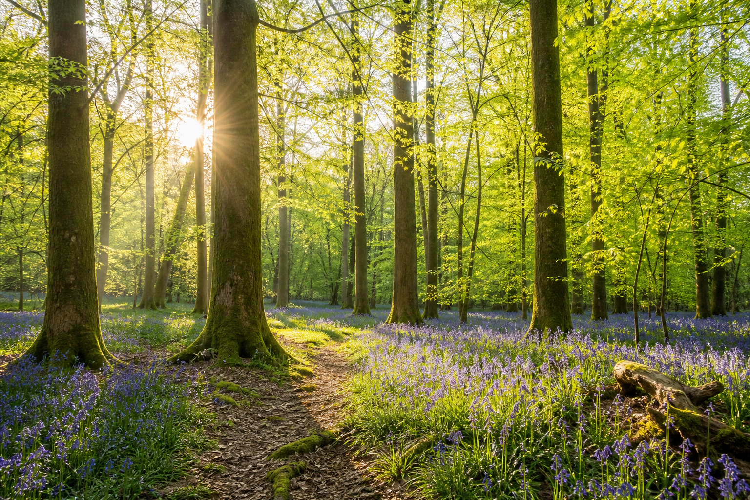 Sunny British woodland with bluebells and warm spring light